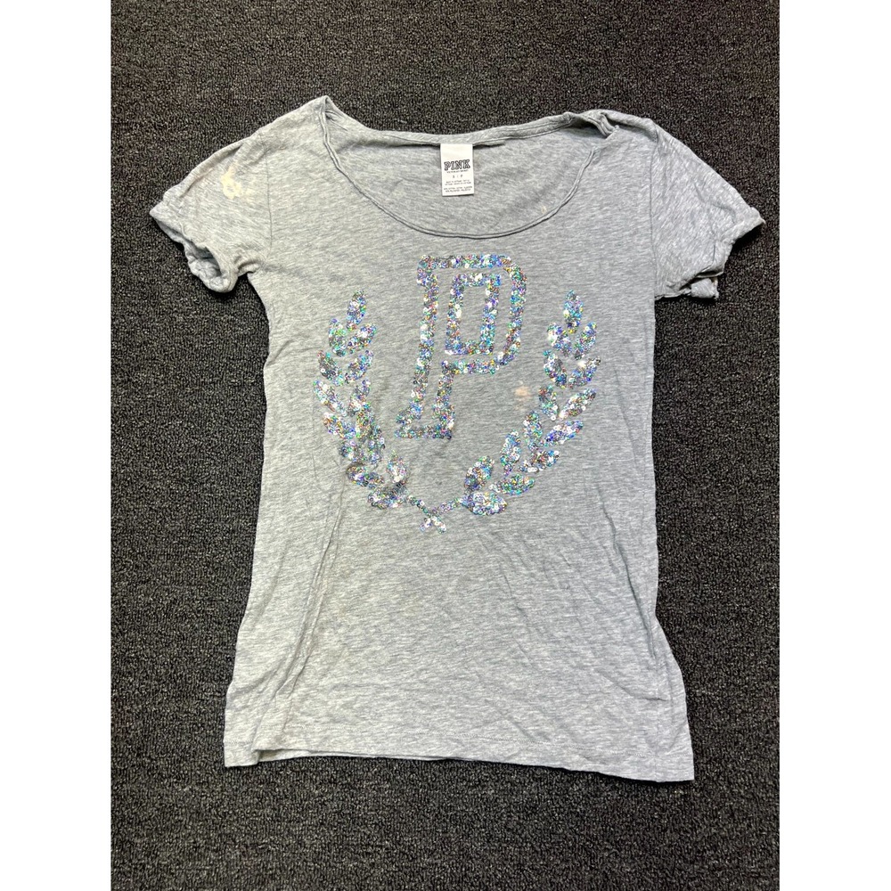 PINK Victoria's Secret T-Shirt Womens Small Gray Sequins Cotton Scoop Neck Glam